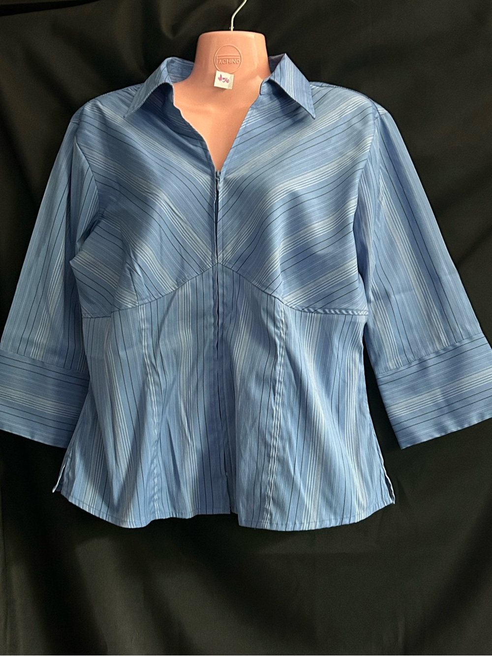 DCC Missy Women’s Blue Striped Women's Stretch Button-Front Blouse LG